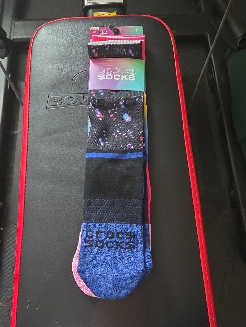 CROCS SOCKS Adult Black Galaxy Crew Socks with Blue and Pink Accents Sz L